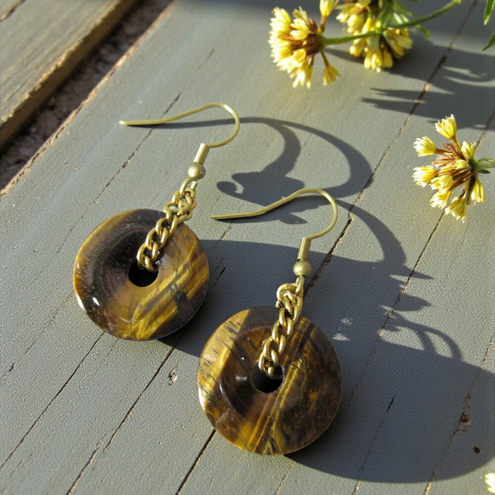 Tigers Eye Earrings, Golden Brass Curb Chain, Pierced